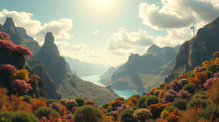 Beautiful landscape with mountains and sea. 3d render illustration.の写真素材