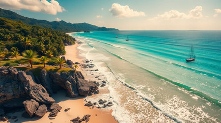Aerial view of beautiful tropical beach and sea with coconut palm tree - Holiday Vacation conceptの写真素材