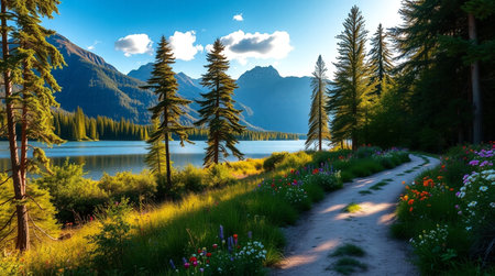 Beautiful alpine landscape with lake and mountains in the background.の写真素材