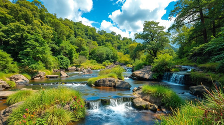 Panoramic view of a small river flowing through a beautiful green forest.の写真素材