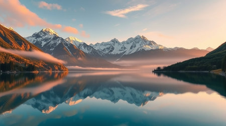 Mountains reflected in the calm water of Lake Wakatipu, New Zealandの写真素材
