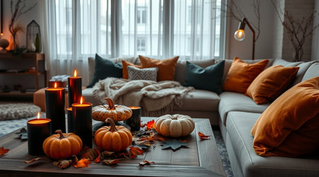 Beautiful halloween composition with burning candles and pumpkins in living roomの写真素材