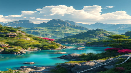 Beautiful view of a lake surrounded by mountains in South Korea.の写真素材