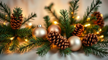 Christmas background with fir branches, Christmas balls and bokeh lightsの写真素材