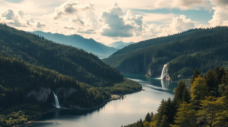 Beautiful summer landscape with lake and waterfall in the mountains. Panoramaの写真素材
