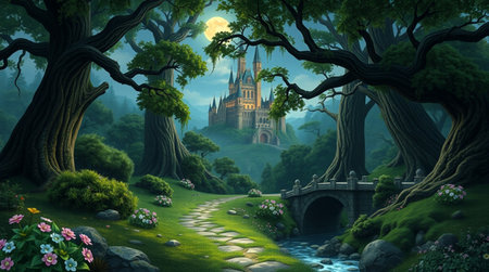 Fantasy landscape with castle in the forest. 3d render illustrationの写真素材