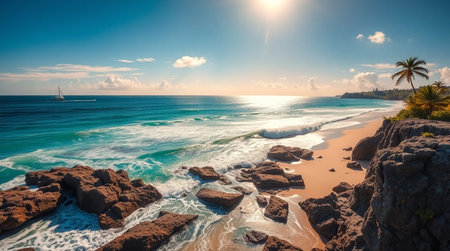 Tropical beach with palm trees, rocks and turquoise oceanの写真素材