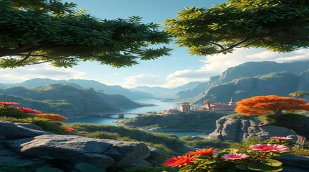 Fantasy landscape with mountains, lake and village. 3d renderの写真素材