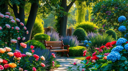Beautiful flower garden with bench and blooming tulips in summerの写真素材