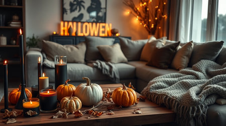 holidays, halloweenration and people concept - close up of pumpkins, candles and knitted plaid at homeの写真素材