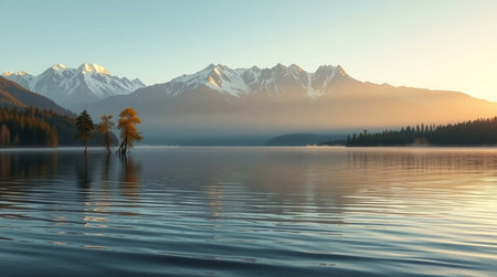 Mountain lake at sunrise with two trees in the foreground, 3d renderの写真素材