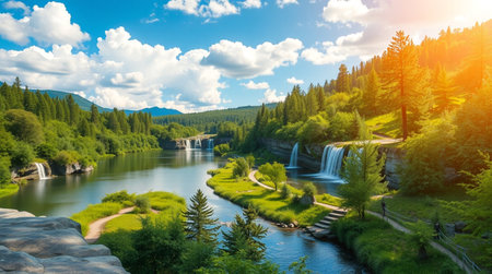 Beautiful summer landscape with a waterfall in the Carpathian mountainsの写真素材