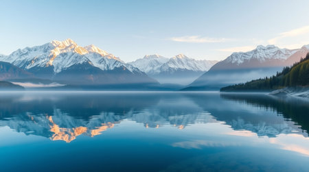 Mountains reflected in the calm water of Lake Wakatipu, Queenstown, New Zealandの写真素材
