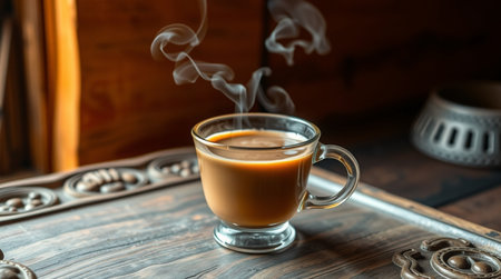 Coffee in a glass cup on a wooden table with smoke.の写真素材