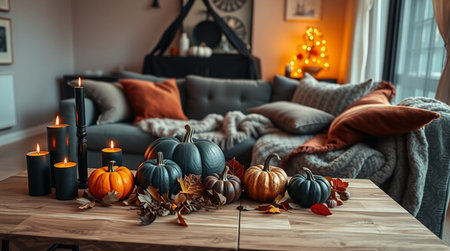 Decorated living room with pumpkins, candles and autumn leavesの写真素材