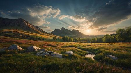 Autumn alpine landscape with lake and waterfall in the mountains.の写真素材