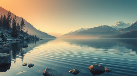 Mountain lake at sunset. Beautiful natural landscape. Artistic style.の写真素材