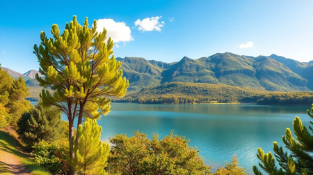 Landscape of New Zealand alps and lake with pine trees.の写真素材