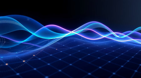 3D illustration of abstract technology background with blue glowing waves, lines and dotsの写真素材