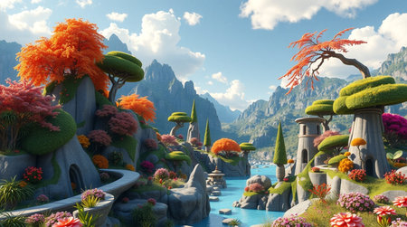 3D CG rendering of fantasy island and lake with rocks and plantsの写真素材