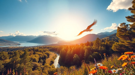 Beautiful summer landscape with mountain lake and flying birds on sky backgroundの写真素材