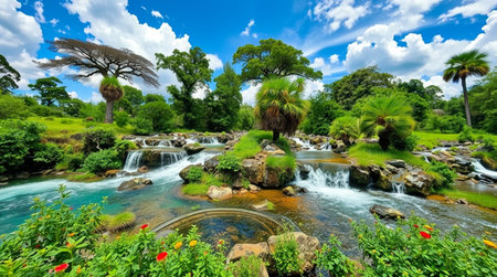 Tropical garden with beautiful waterfalls. Panoramic view.の写真素材
