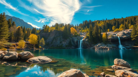 Beautiful mountain lake with clear turquoise water and blue skyの写真素材