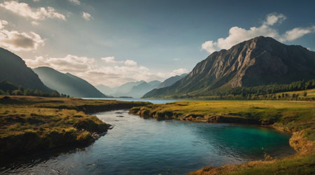 Panoramic view of mountain lake with clear water. Beautiful summer landscape.の写真素材