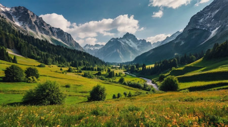 Panoramic view of the valley in the Dolomites, Italyの写真素材