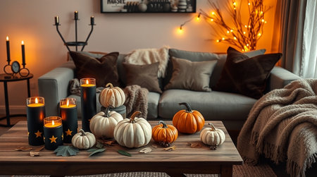 Cozy living room interior with burning candles and autumn decor, space for textの写真素材