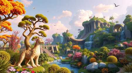 Fantasy landscape with a giraffe in the garden,3d renderの写真素材