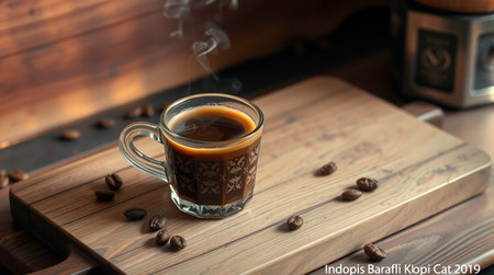 Coffee in a glass cup on a wooden table with coffee beansの写真素材