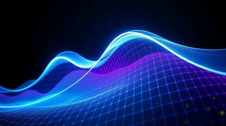 3D rendering of abstract technology wave with glowing particles. Futuristic background for business presentations.の写真素材