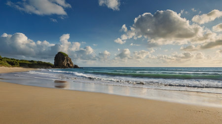 Panorama of a beautiful sandy beach on the island of Seychellesの写真素材