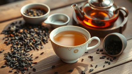 Cup of tea and teapot on wooden table, closeupの写真素材