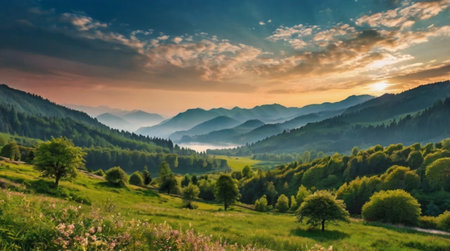 Panoramic view of the mountains and meadows at sunrise.の写真素材