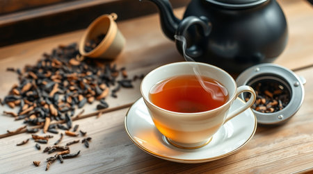Cup of tea and teapot on wooden table, closeupの写真素材