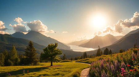 Beautiful alpine landscape with lake and mountains at sunset in summerの写真素材