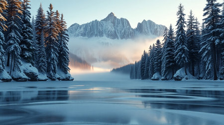 Fantastic winter landscape with snow covered fir trees and mountain lake.の写真素材