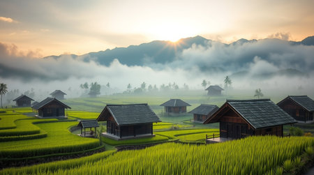 Rice terraces at sunrise with fogの写真素材