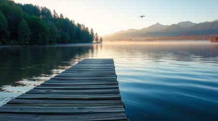 Wooden jetty on the lake at sunrise. Beautiful summer landscape.の写真素材