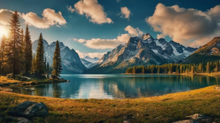 Panoramic view of the lake, mountains and clouds in the skyの写真素材