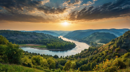 Sunset over the river Dniester. Ukraine, Europeの写真素材