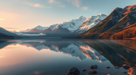 Beautiful mountain lake with reflection in the water at sunset. Panoramaの写真素材