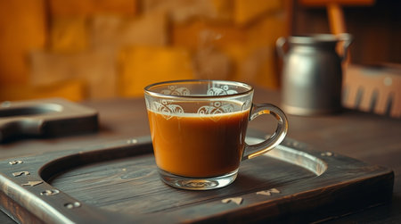 Cup of coffee on wooden tray in coffee shop, stock photoの写真素材