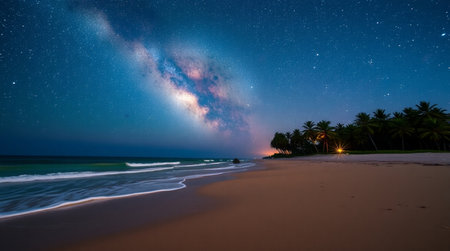 Milky Way over a tropical beach, Sri Lanka. Long exposureの写真素材