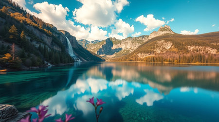 Panoramic view of beautiful alpine lake. Location Dolomites, Italy, Europe. Artistic style post processed photo. Beauty world.の写真素材