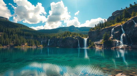 Waterfall in the mountains. Panoramic view of the mountain lake.の写真素材