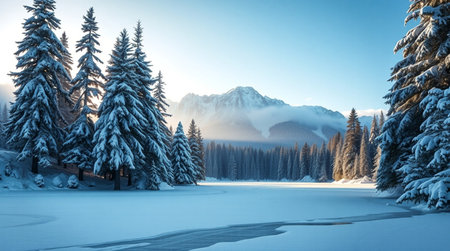 Fantastic winter landscape with frozen lake and snow covered fir treesの写真素材