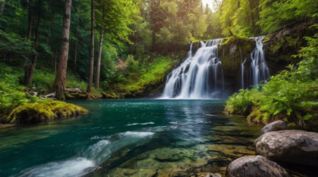 Waterfall in the forest. Beautiful waterfall in the forest. Mountain landscape.の写真素材